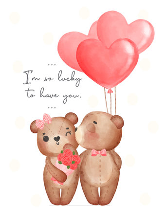 cute couple brown teddy bears, boy kisses girl, Happy Valentine, adorable cartoon watercolor hand drawn vector illustrationのイラスト素材