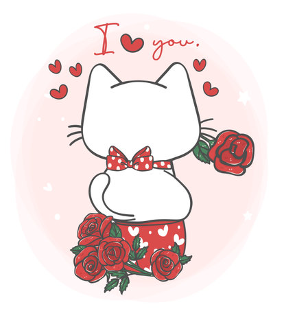 cute kawaii shy white cat sitting on red roses flowers mug, for you, pet animal cartoon character hand drawing illustration vectorのイラスト素材