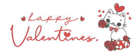cute kawaii romantic white cat with red roses Happy Valentines banner, pet animal cartoon character hand drawing illustration vectorのイラスト素材