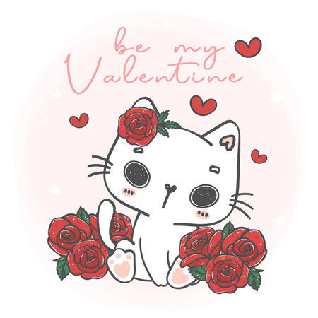cute kawaii white cat with roses flowers be my Valentine, pet animal cartoon character hand drawing illustration vectorのイラスト素材