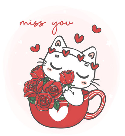 cute kawaii white cat smelling roses flowers in red mug, miss you, pet animal cartoon character hand drawing illustration vectorのイラスト素材