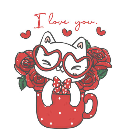 cute kawaii happy white cat smiling in red roses flowers mug, for you, pet animal cartoon character hand drawing illustration vectorのイラスト素材