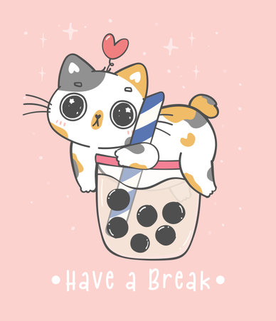 Kawaii calico kitten cat on bubble tea cup, boba cat Have a break, adorable cartoon animal dodole hand drawingのイラスト素材