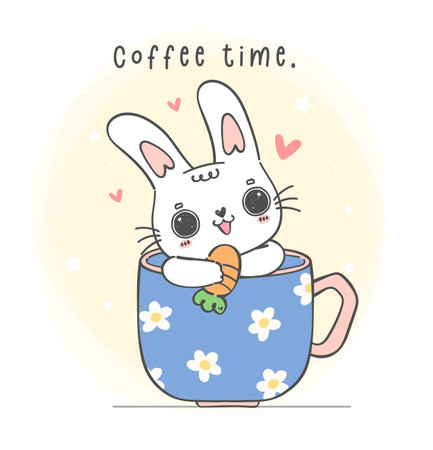 Cute kawaii white bunny rabbit in coffee cup, coffee time, cute cartoon character animal hand drawing doodleのイラスト素材