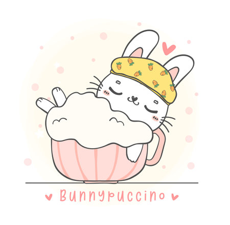 Cute kawaii white bunny rabbit in coffee cup, bunnypuccino coffee, cute cartoon character animal hand drawing doodleの写真素材