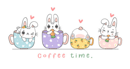 Group of cute kawaii white bunny rabbits in coffee cup, coffee time, cute cartoon character animal hand drawing doodle bannerのイラスト素材