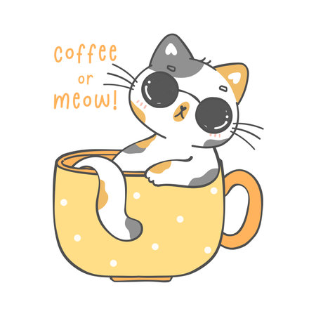 cute funny playful chubby kitten cat calico in coffee cup, play cool, coffee or meow, cartoon animal doodle handrawingのイラスト素材