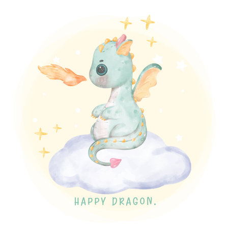 Adorable baby green dragon spilt fireball watercolour, whimsical children animal nursery illustrationのイラスト素材