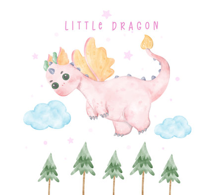 Adorable baby pink dragon flying on tree little dragon watercolour, whimsical children animal nursery illustrationの写真素材