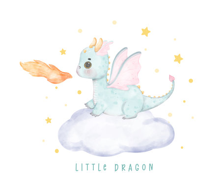 Adorable baby blue dragon on fluffy cloud little dragon watercolour, whimsical children animal nursery illustrationのイラスト素材
