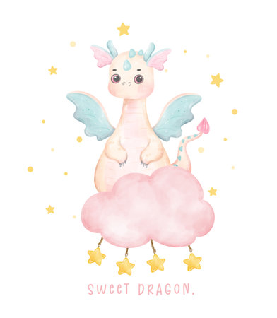 Adorable baby pink dragon standing on fluffy cloud sweet dragon watercolour, whimsical children animal nursery illustrationのイラスト素材