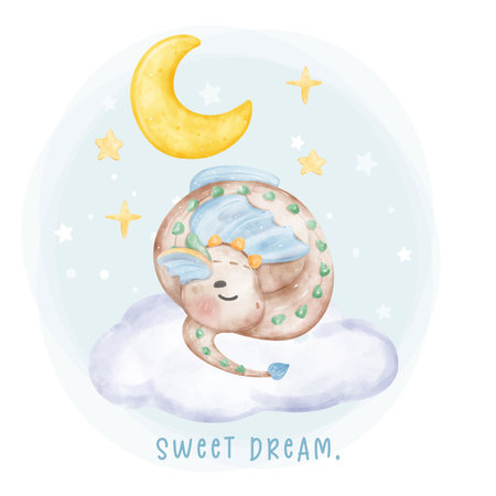Adorable baby brown dragon sleeping on fluffy cloud sweet dream watercolour, whimsical children animal nursery illustrationの写真素材