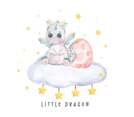 Adorable baby grey dragon sitting on fluffy cloud little dragon watercolour, whimsical children animal nursery illustrationの写真素材