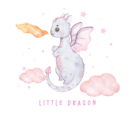 Adorable baby purple violet dragon on fluffy cloud little dragon watercolour, whimsical children animal nursery illustrationのイラスト素材