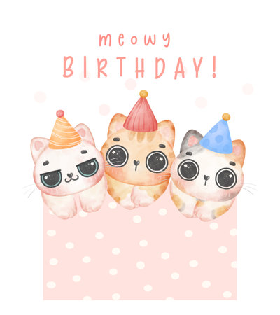 Group of three adorable kitten cats different breeds Meowy birthday watercolor illustration greeting cardのイラスト素材