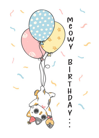 cute funny Birthday calico kitten cat with balloons, Meowy Birthday, cheerful pet animal cartoon doodle character drawingのイラスト素材
