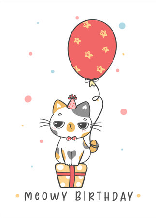 cute funny grumpy calico cat on present box with balloon, Meowy Birthday, cheerful pet animal cartoon doodle character drawingのイラスト素材