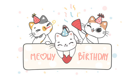 group of three cute funny playful kitten cats celebrating pary birthday, Meowy Birthday, cheerful pet animal cartoon doodle character drawingのイラスト素材