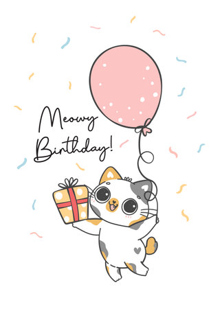 cute funny Birthday calico kitten cat hold balloon and present, Meowy Birthday, cheerful pet animal cartoon doodle character drawingのイラスト素材