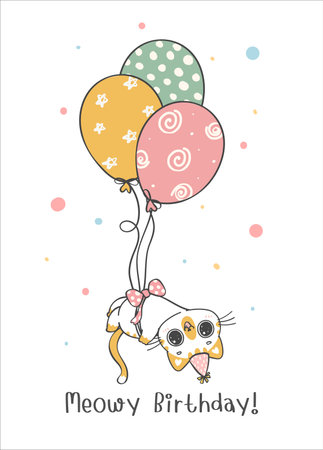 cute funny playful calico cat flying with balloons, Meowy Birthday, cheerful pet animal cartoon doodle character drawingのイラスト素材