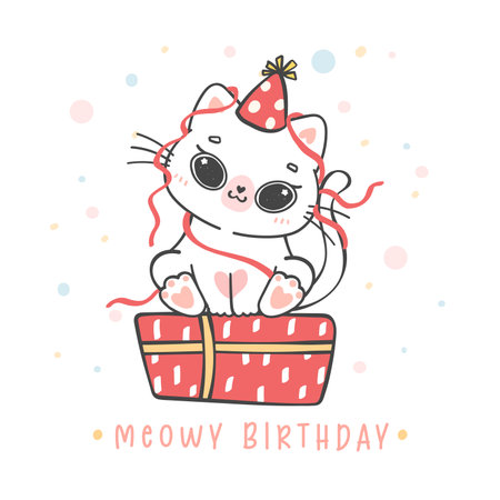 Cute adorable playful kitten cat sit on present box, meowy birthday cheerful pet animal cartoon doodle character drawingのイラスト素材