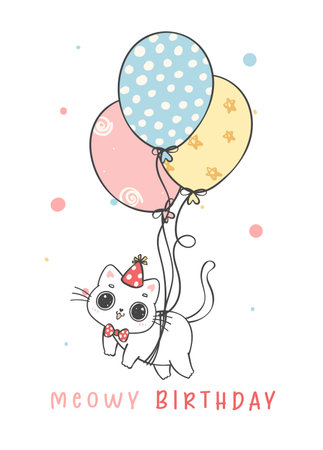 cute funny playful Birthday white chubby cat flying with balloon, Meowy Birthday, cheerful pet animal cartoon doodle character drawingのイラスト素材