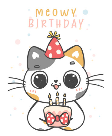 Cute suprise calico kitten cat party, meowy birthday cheerful pet animal cartoon doodle character drawingのイラスト素材