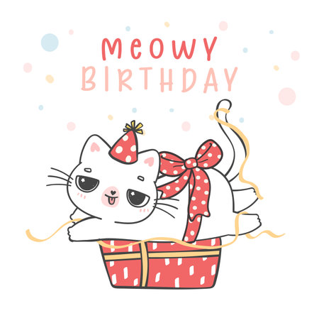 Cute funny playful white kitten cat laying down on present box, meowy birthday cheerful pet animal cartoon doodle character drawingのイラスト素材