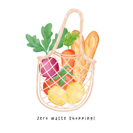 A Zero waste eco friendly shopping bag full of fesh vegetables watercolor hand drawing illustration, bring your own bag.のイラスト素材