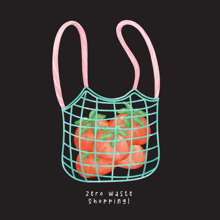 An eco friendly shopping bag full of fesh tomatoes watercolor hand drawing illustration. Zero waste shfopping, isolated on black background.のイラスト素材