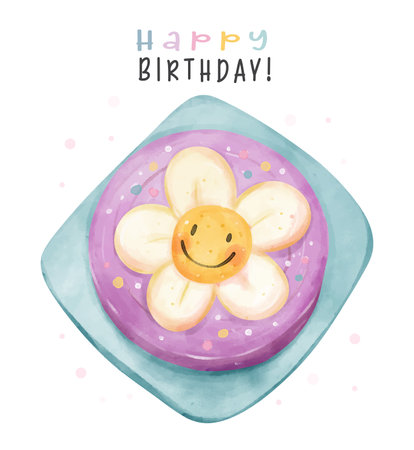 Cute colorful pastel birthday cake with big smiley daisy flower on top, Happy birthday watercolor hand painting illustration for greeting card idea.のイラスト素材