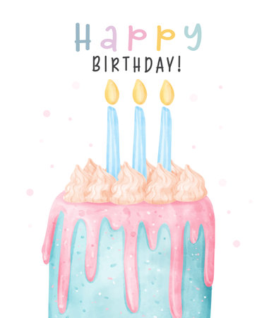 Cute colorful pastel cheerful birthday cake with light blue candles on top, Happy birthday watercolor hand painting illustration for greeting card idea.のイラスト素材