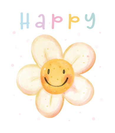 cute happy smiley daisy flower watercolor hand painting illustration for greeting card idea.のイラスト素材