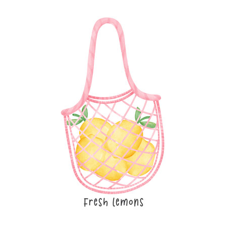 An eco friendly shopping bag full of fesh lemons watercolor hand drawing illustration.のイラスト素材