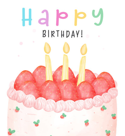Cute Strawberries birthday cake with candles on top, Happy birthday watercolor hand painting illustration isolated on white background for greeting card idea.のイラスト素材