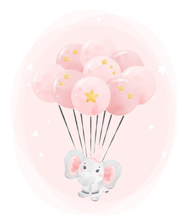 cute happy baby pink elephant birthday girl holding bunch of pink balloons, adorable nursery birthday wildlife animal watercolur cartoon illustrationのイラスト素材