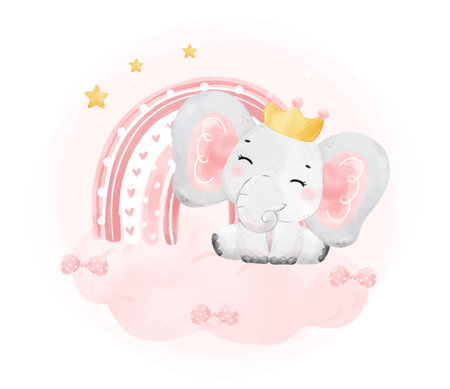cute happy cheerful smile baby pink elephant girl and boho rainbow on pink cloud, adorable nursery birthday wildlife animal watercolur cartoon illustrationのイラスト素材