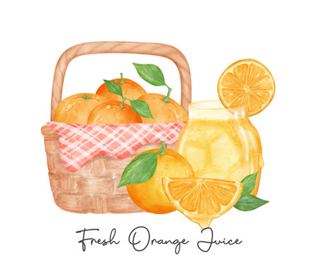 Set of fresh homemade orange juice glass and fruit in basket watercolour illustration vector isolated on white background.の写真素材