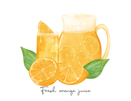 group of fresh homemade orange juice in glass and jar with orange fruit composition watercolour illustration vector isolated on white background.のイラスト素材