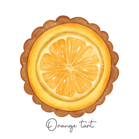 semi realistic homemade orange favour tart sweet watercolour illustration vector banner isolated on white background.のイラスト素材