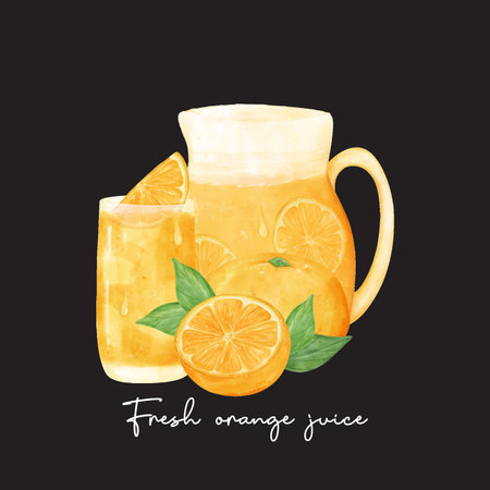 set of fresh homemade orange juice in glass and jar with orange fruit composition watercolour illustration vector isolated on black background.のイラスト素材