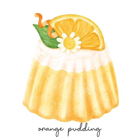 semi realistic homemade orange favour pudding jelly sweet watercolour illustration vector banner isolated on white background.のイラスト素材