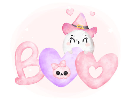 Cute kawaii Boo pink ghost hallooween cartoon character bootiful watercolour hand painted vector greeting cardのイラスト素材