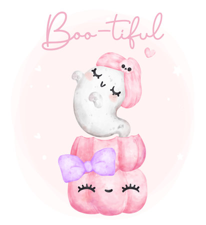 Cute kawaii pink ghost hallooween flying from pink pimpkin cartoon character bootiful watercolour hand painted vectorのイラスト素材