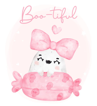 Cute kawaii pink ghost hallooween happy smile cartoon character bootiful watercolour hand painted vector greeting cardのイラスト素材
