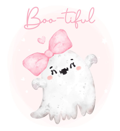 Cute kawaii pink ghost hallooween with big bow beauty happy smile cartoon character bootiful watercolour hand painted vector greeting cardのイラスト素材
