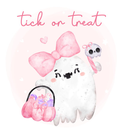 Cute kawaii pink hallooween bearuty ghost with candy pumpkin basket, trick or treat , happy smile cartoon character bootiful watercolour hand painted vector greeting cardのイラスト素材