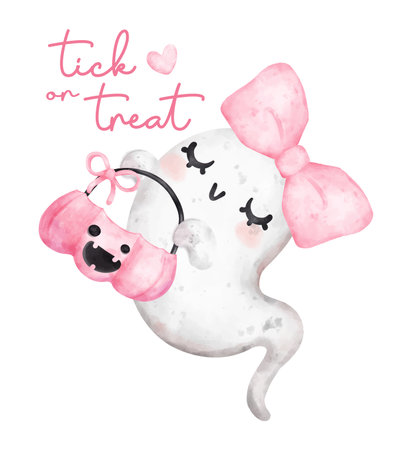 Cute happy smile pink hallooween ghost with empty pumpkin basket, trick or treat, cartoon character watercolour hand painted vector greeting cardのイラスト素材