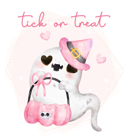 Cute kawaii pink hallooween ghost with empty pumpkin basket, trick or treat , happy smile cartoon character bootiful watercolour hand painted vector greeting cardのイラスト素材