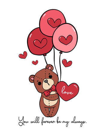 Cute innocence romantic Teddy Bear with red bow hold balloons doodle hand drawing cartoon character outline isolated on white backgroundのイラスト素材